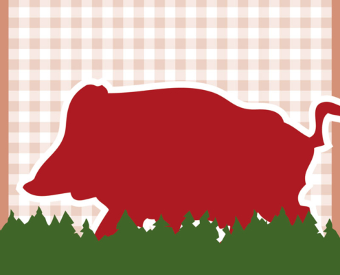 Die rote Silhouette eines Wildschweins steht über grünem Gras mit kariertem Hintergrund.