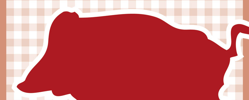 Die rote Silhouette eines Wildschweins steht über grünem Gras mit kariertem Hintergrund.