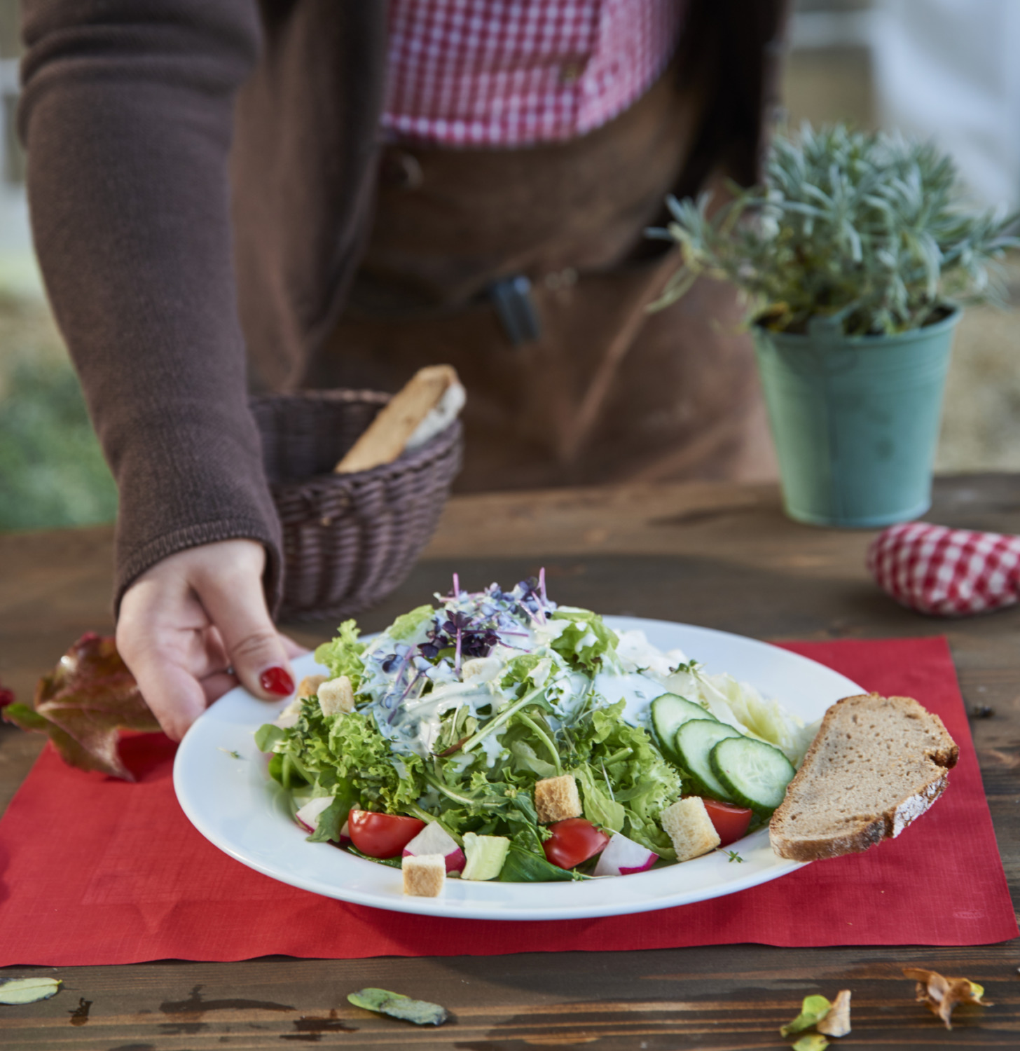Eine Person serviert einen frischen Salat mit Gurken, Tomaten, Croutons und einer Scheibe Brot auf einem weißen Teller, der auf einem rustikalen Tisch steht.